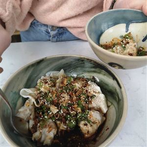 Pork and Spring Onion Dumplings with Black Rice Vinegar Dressing